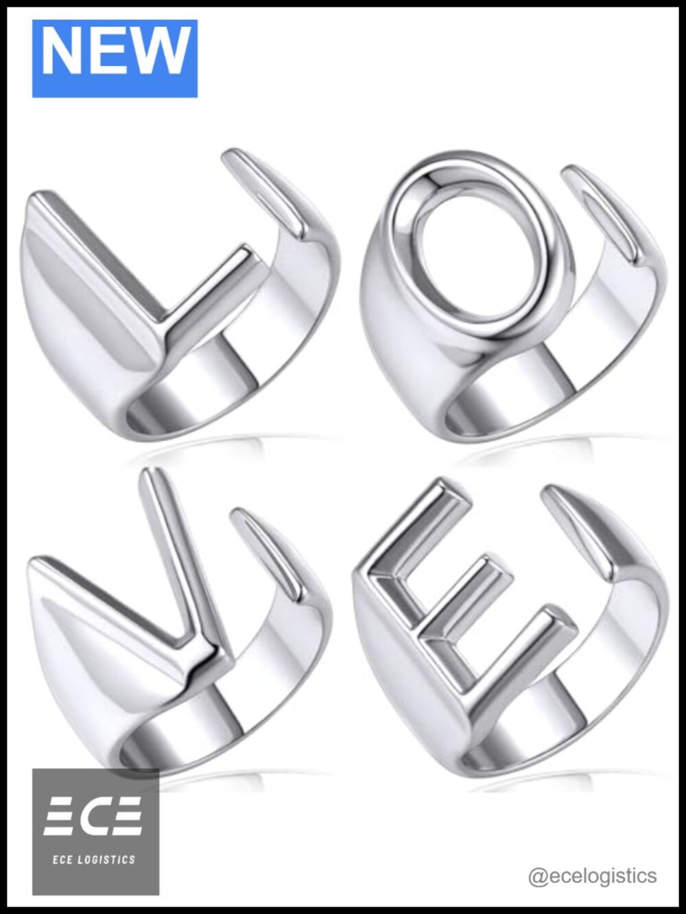 LOVE Stackable Initial Rings Platinum Plated Adjustable Statement Jewelry